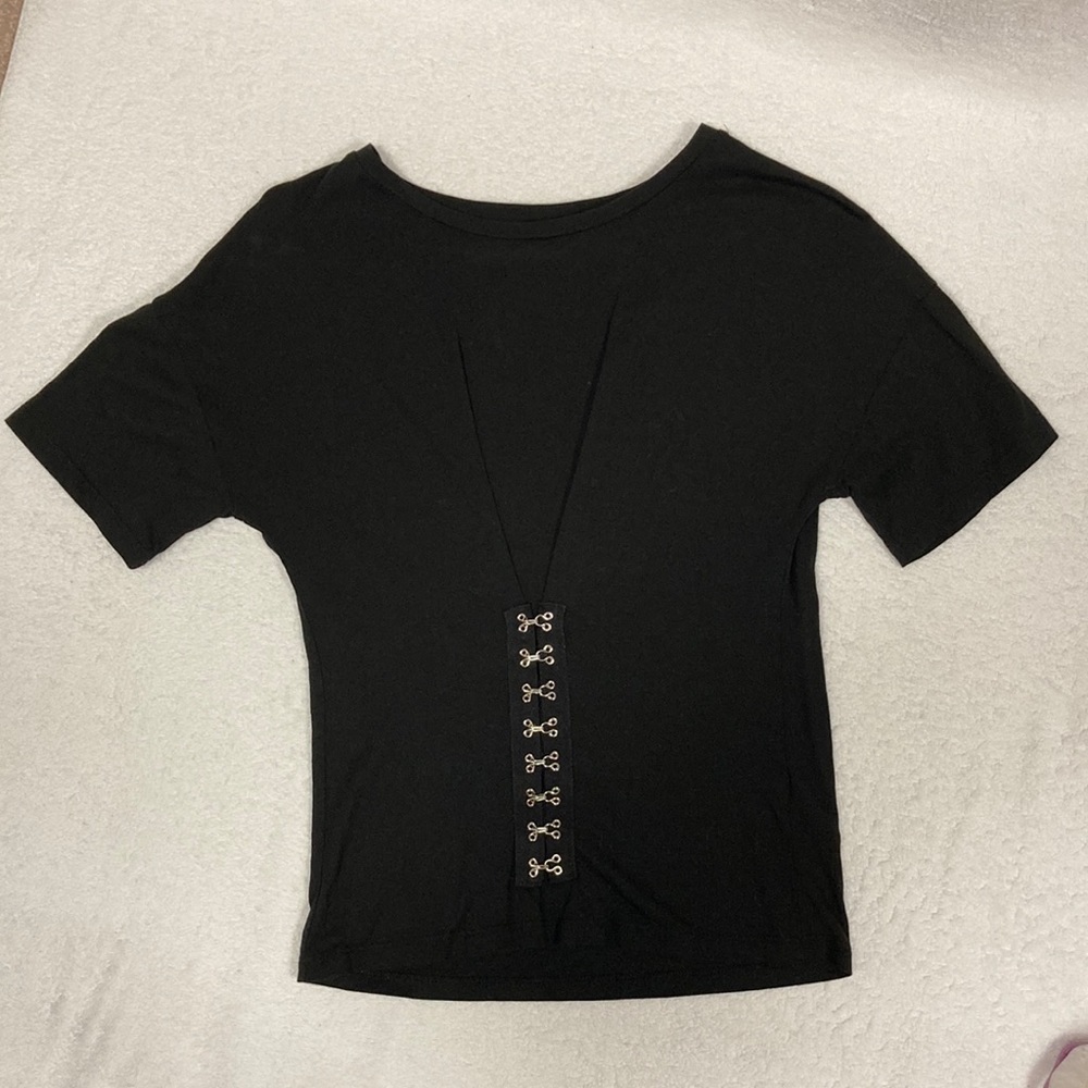 Top shop black tee corset look hook front size 2